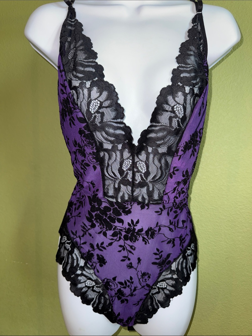 Purple and Black Lace Plunge Chemise Bodysuit
